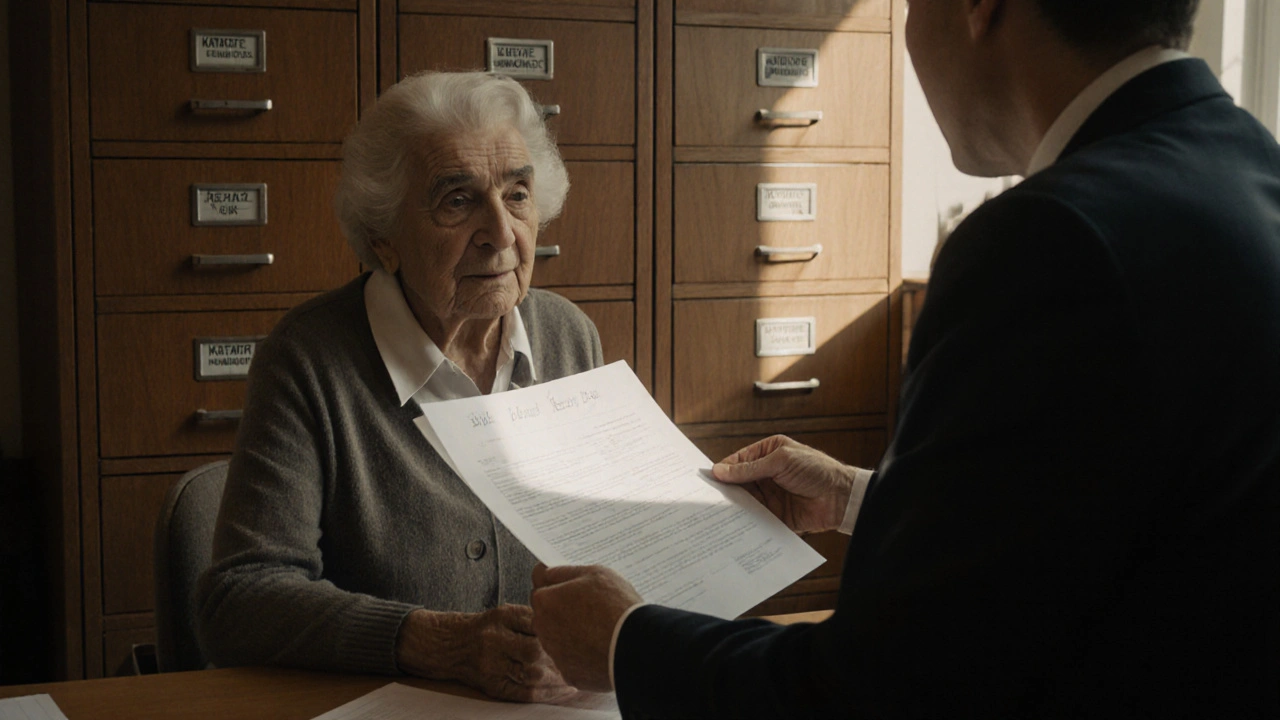 Žena přijímá úřední výpis z katastru v městském úřadě.